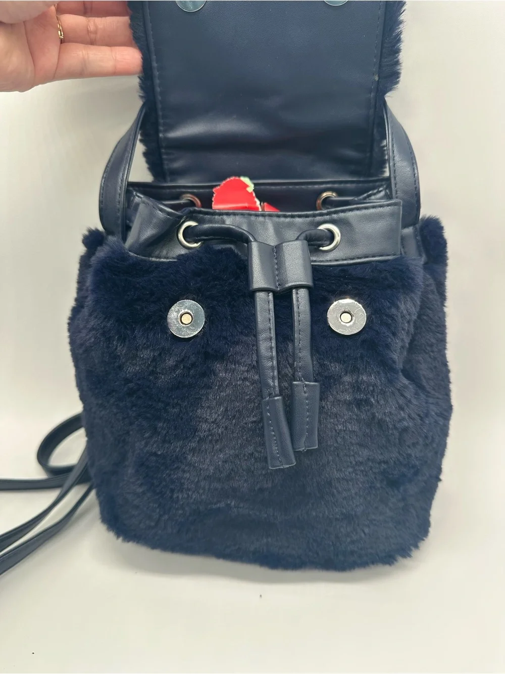 Swarovski Black Faux Fur Mini Backpack with Logo Plate